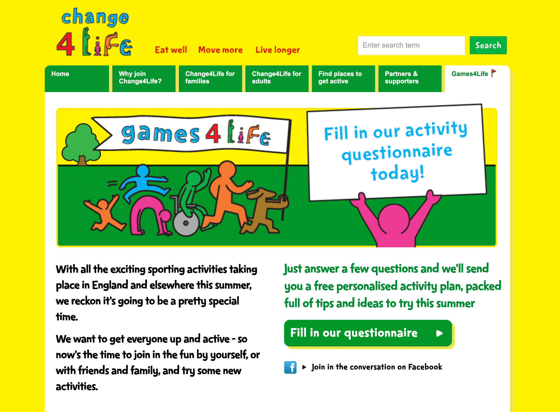 Change4Life website screenshot showing the questionnaire invitation interface – clear call-to-action encouraging families to get their personalised Games4Life activity pack