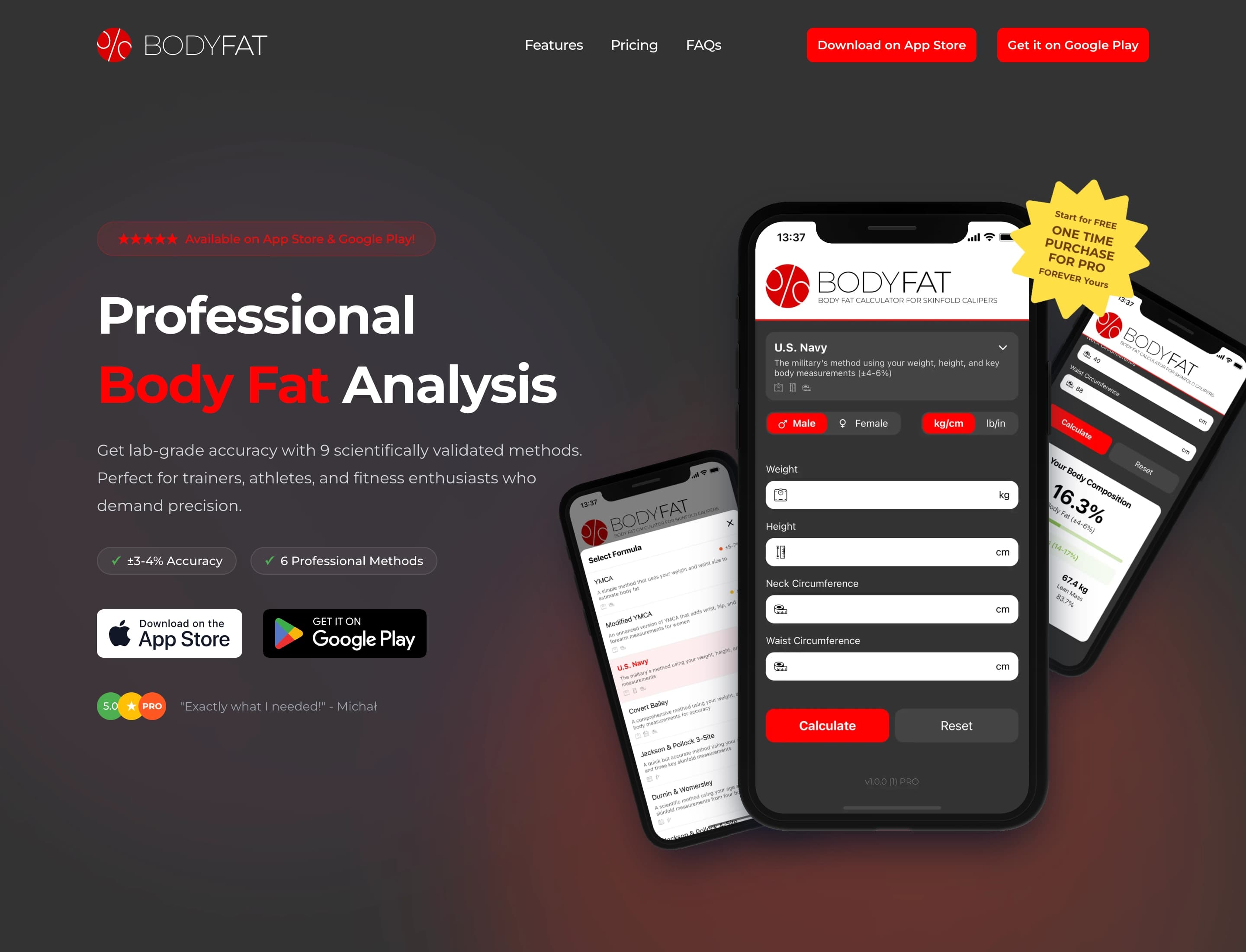 MedTech mobile health app – skinfold caliper body fat calculator UI on iOS and Android